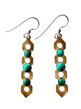 Brass and Malachite Geometric Pierced Dangle Earrings Set in Hexagonal Frames